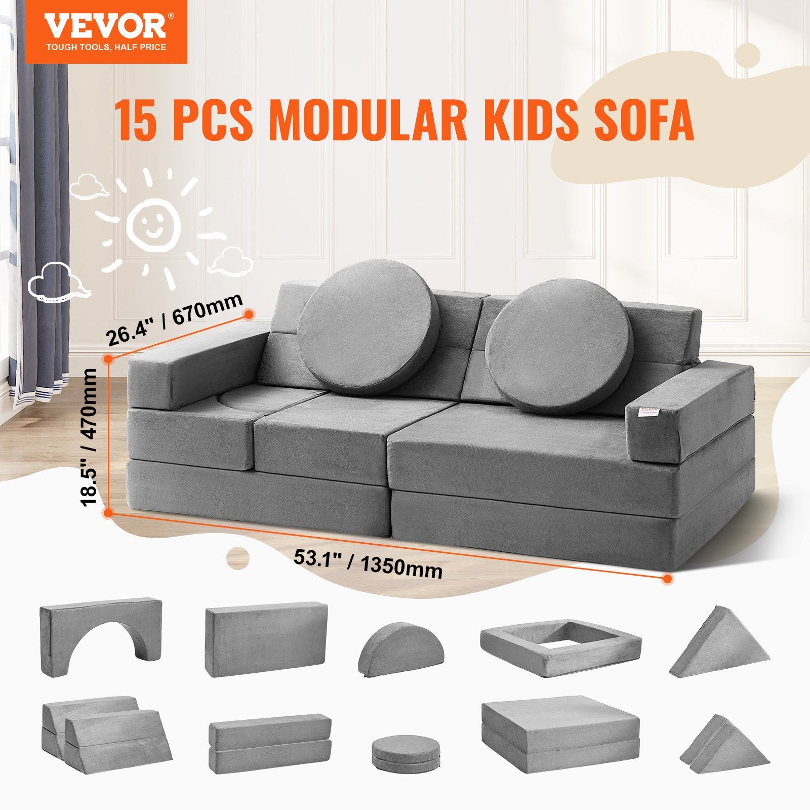 Play Couch, 15pcs Modular Kids Nugget Couch, Toddler Foam Sofa Couch With High-density 25D Sponge For Playing, Creativing, Sleeping, Imaginative Kids Furniture For Bedroom And Playroom